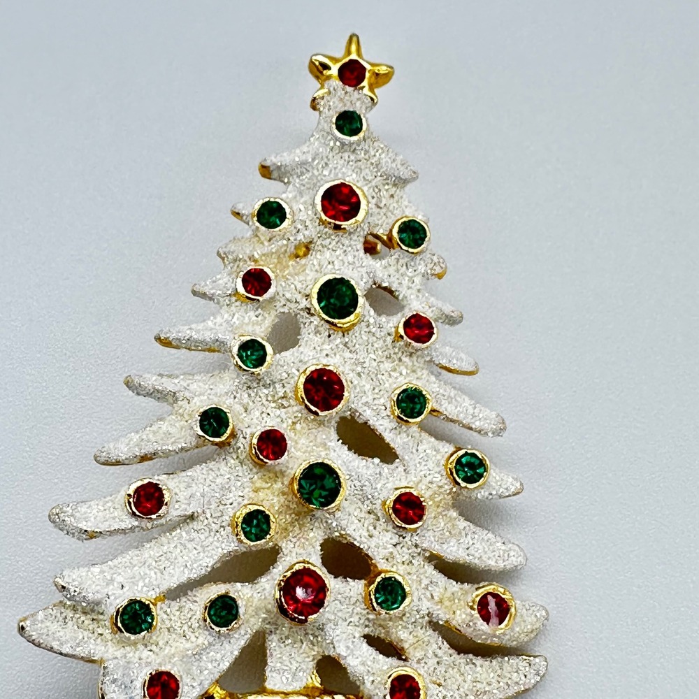 Eisenberg Ice Christmas Tree Brooch White Enamel Rhinestone Gold Tone Small - Picture 3 of 5